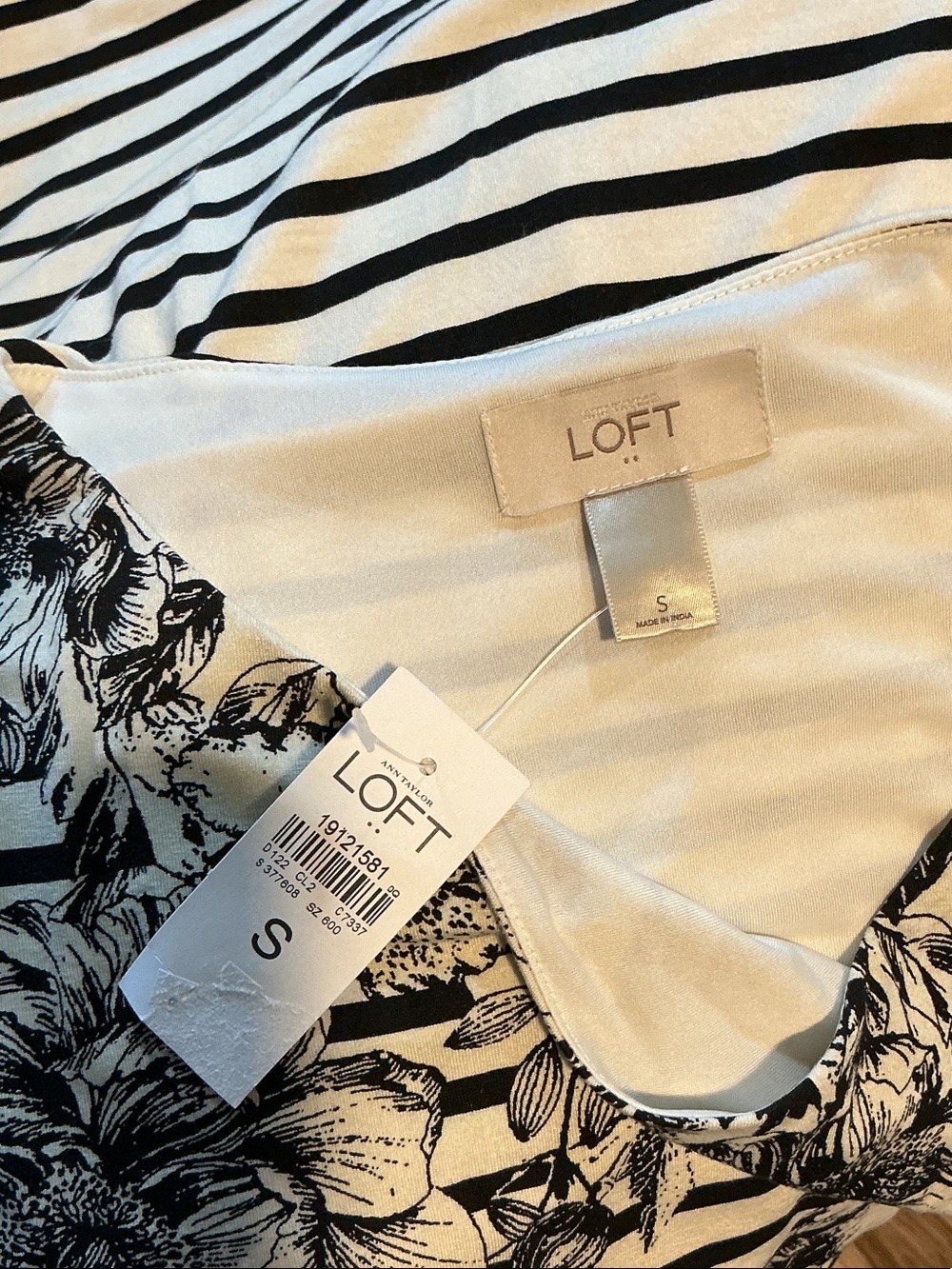 LOFT Black & White Floral Stripe Midi Dress - Picture 3 of 4